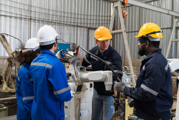 Apprentice millwrights with an experienced construction millwright on a job site after welder college